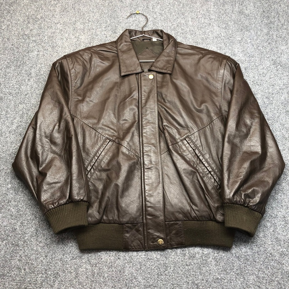Preston & York Mens Brown Leather Bomber Jacket Small Full Zip Ribbed Trim